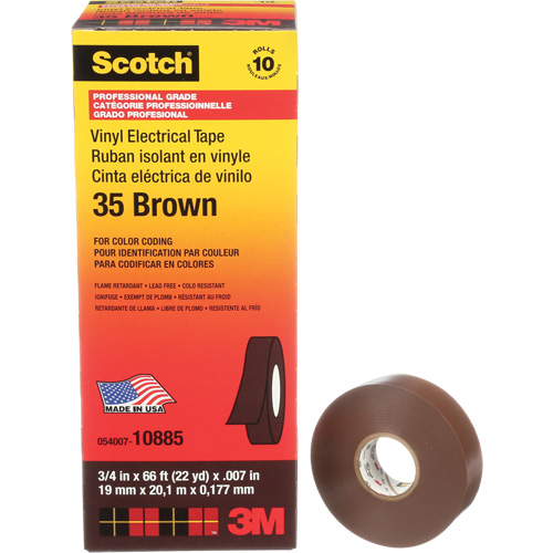 Ruban isolant en vinyle pour codification par couleur Scotch, 19 mm (3/4") la x 20 m (66') lo, 7 mils, Brun Sécurité Médic