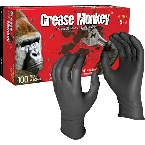 Gants jetables Grease Monkey, Grand, Nitrile, 5 mils, Sans poudre, Noir Sécurité Médic