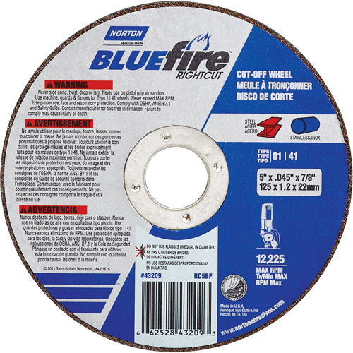 Meule a tronconner BlueFire, 4-1/2" x 0,045"/1/16", Arbre de 7/8", Type 01/41, Oxyde d'aluminium/Zirconium, 13580 Tr/min Sécurité Médic