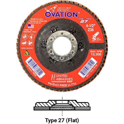 OVATION MEULE LAMELLE5X5/8 11 GRAIN36, 5" x 5/8"-11, Type 27, Grain 36, Zirconium Sécurité Médic
