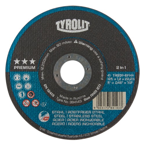 Premium 2 In 1 Thincut Cut-Off Wheel, 5" x 0.045", 7/8" Arbor, Type 1, Aluminum Oxide, 12250 RPM Sécurité Médic