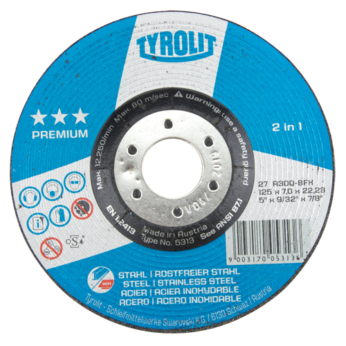 Premium 2-in-1 Grinding Wheel, 5" x 9/32", 7/8" Arbor, Type 27 Sécurité Médic