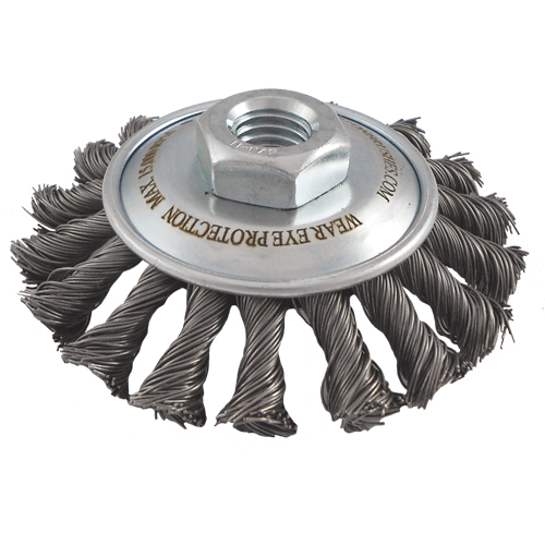 Brosses soucoupes &agrave; fils nou&eacute;s, Dia. 5", Fils 0,02", Arbre 5/8"-11, Acier Sécurité Médic