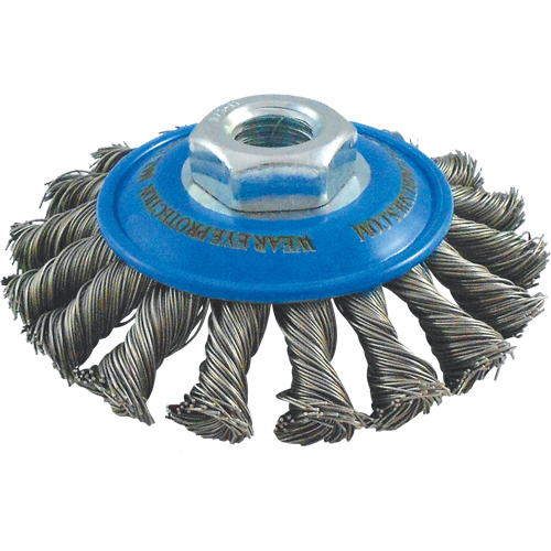 Brosses soucoupes &agrave; fils nou&eacute;s, Dia. 4", Fils 0,02", Arbre 5/8"-11, Acier inoxydable Sécurité Médic
