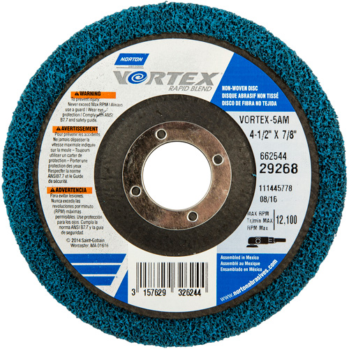 Vortex Non-Woven Disc, 4-1/2" Dia. x 1/2" W, 7/8" Arbor, Aluminum Oxide Sécurité Médic