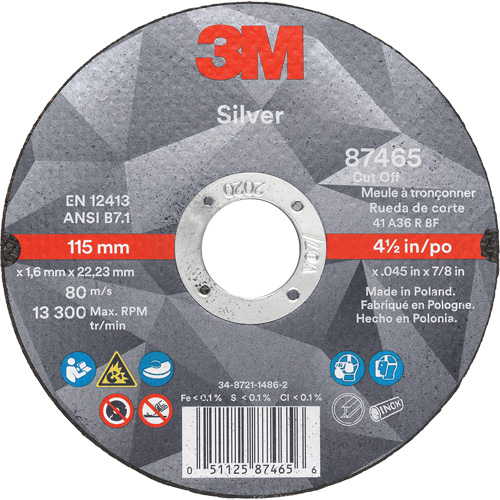Silver Cut-Off Wheel, 4-1/2" x 0.045", 7/8" Arbor, Type 1, Ceramic, 13300 RPM Sécurité Médic