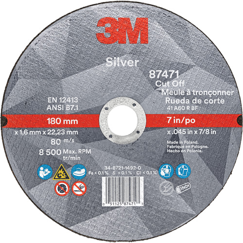 Silver Cut-Off Wheel, 7" x 0.045", 7/8" Arbor, Type 1, Ceramic, 8500 RPM Sécurité Médic