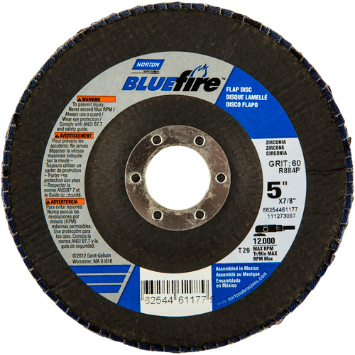 Disque &agrave; lamelles BlueFire, 5" x 7/8", Type 29, Grain 36, Alumine de zirconium Sécurité Médic