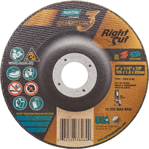 Quantum3 RightCut Cut-Off Wheel, 5" x 1/16", 7/8" Arbor, Type 27/42, Ceramic Alumina, 12225 RPM Sécurité Médic