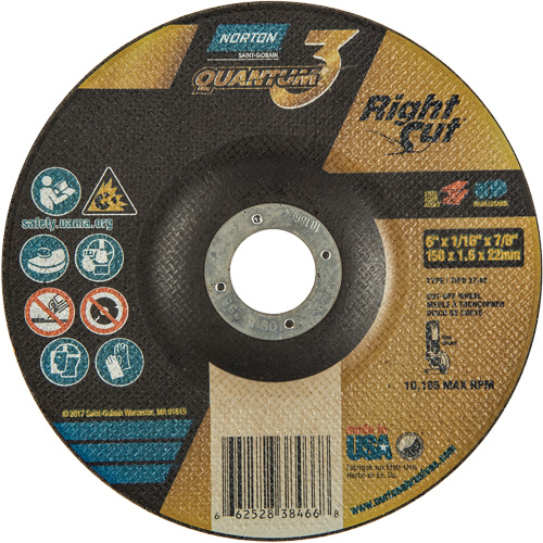 Quantum3 RightCut Cut-Off Wheel, 6" x 1/16", 7/8" Arbor, Type 27/42, Aluminum Oxide, 10185 RPM Sécurité Médic