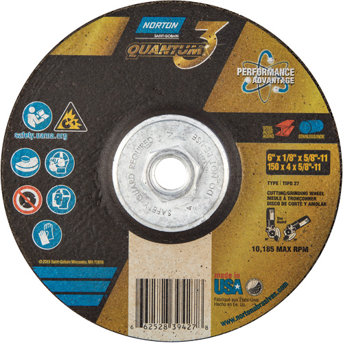 Quantum3 Grinding & Cutting Wheel, 6" x 1/8", 5/8"-11 Arbor, Type 27, 24 Grit, Ceramic Alumina Sécurité Médic