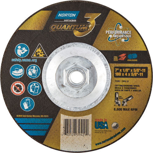 Disque de rectification et de tronçonnage Quantum3, 7" x 1/8", Arbre de 5/8"-11, Type 27, Grain de 24, C&eacute;ramique d'alumine Sécurité Médic