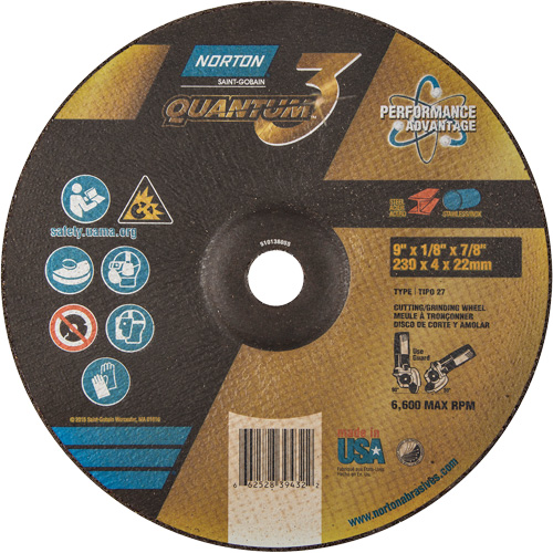Disque de rectification et de tronçonnage Quantum3, 9" x 1/8", Arbre de 7/8", Type 27, Grain de 24, C&eacute;ramique d'alumine Sécurité Médic