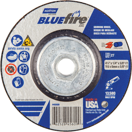 Meule XXL BlueFire, 4-1/2" x 1/4", Arbre 5/8", C&eacute;ramique d'alumine, Type 27 Sécurité Médic