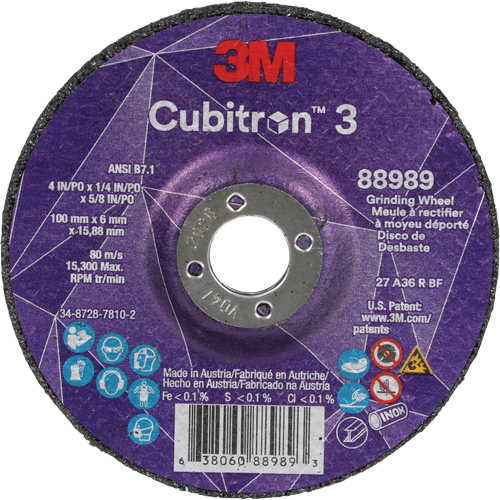 Meule a moyeu d&eacute;port&eacute; Cubitron 3, 4" x 1/4", Arbre 5/8", C&eacute;ramique, Type T27 Sécurité Médic