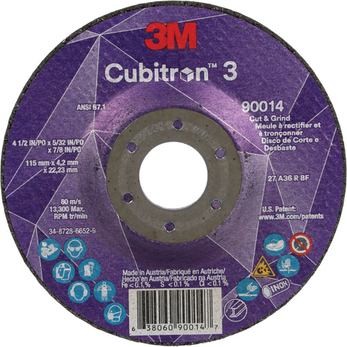 Meule &agrave; couper & tronçonner Cubitron 3, 4-1/2" x 5/32", Arbre de 7/8", Type T27, Grain de 36+, C&eacute;ramique Sécurité Médic