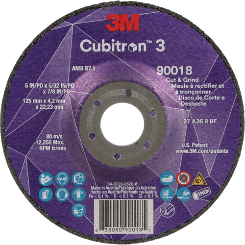 Meule &agrave; couper & tronçonner Cubitron 3, 5" x 5/32", Arbre de 7/8", Type T27, Grain de 36+, C&eacute;ramique Sécurité Médic