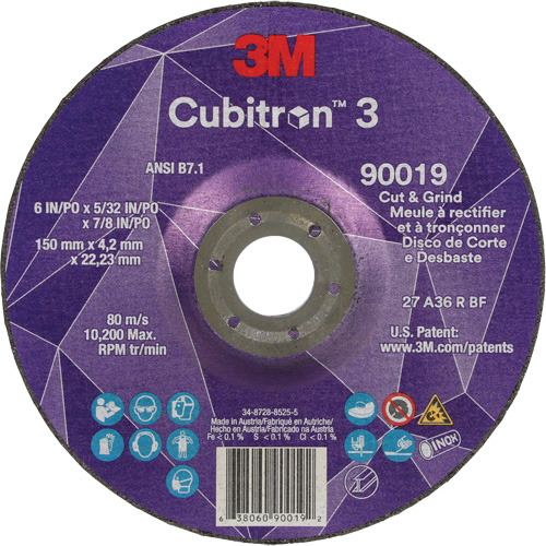 Meule &agrave; couper & tronçonner Cubitron 3, 6" x 5/32", Arbre de 7/8", Type T27, Grain de 36+, C&eacute;ramique Sécurité Médic