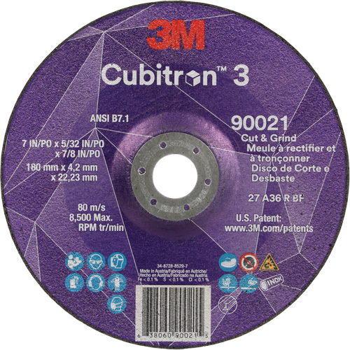 Meule &agrave; couper & tronçonner Cubitron 3, 7" x 5/32", Arbre de 7/8", Type T27, Grain de 36+, C&eacute;ramique Sécurité Médic