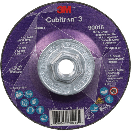 Cubitron 3 Cut & Grind Wheel, 4-1/2" x 5/32", 5/8"-11 Arbor, Type T27, 36+ Grit, Ceramic Sécurité Médic