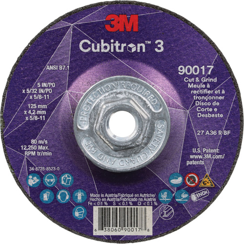 Meule &agrave; couper & tronçonner Cubitron 3, 5" x 5/32", Arbre de 5/8"-11, Type T27, Grain de 36+, C&eacute;ramique Sécurité Médic