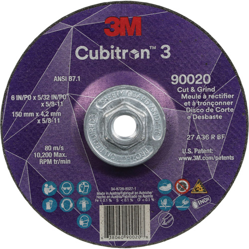 Meule &agrave; couper & tronçonner Cubitron 3, 6" x 5/32", Arbre de 5/8"-11, Type T27, Grain de 36+, C&eacute;ramique Sécurité Médic