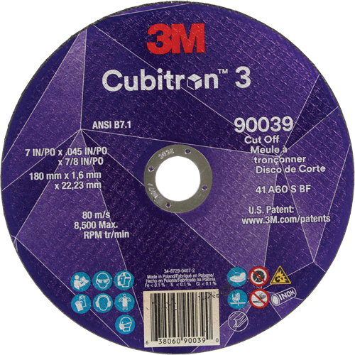 Meule &agrave; tronçonner Cubitron 3, 7" x 0,09", Arbre de 7/8", Type T27, C&eacute;ramique, 8500 Tr/min Sécurité Médic
