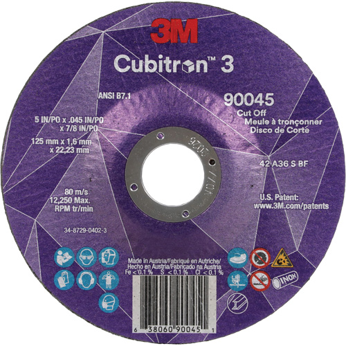 Meule &agrave; tronçonner Cubitron 3, 5" x 0,045", Arbre de 7/8", Type T27, C&eacute;ramique, 12250 Tr/min Sécurité Médic