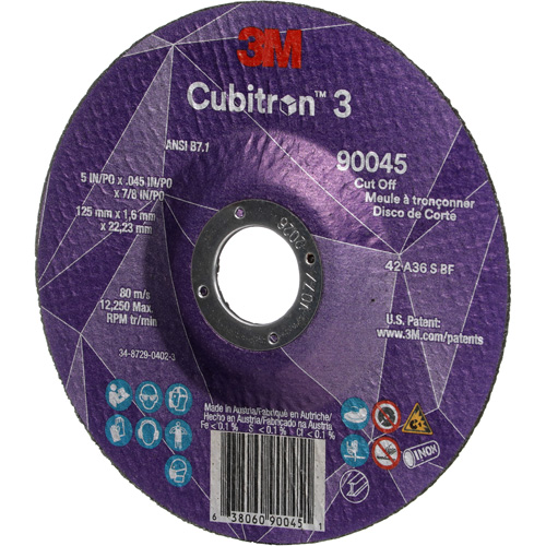 Meule &agrave; tronçonner Cubitron 3, 5" x 0,045", Arbre de 7/8", Type T27, C&eacute;ramique, 12250 Tr/min Sécurité Médic