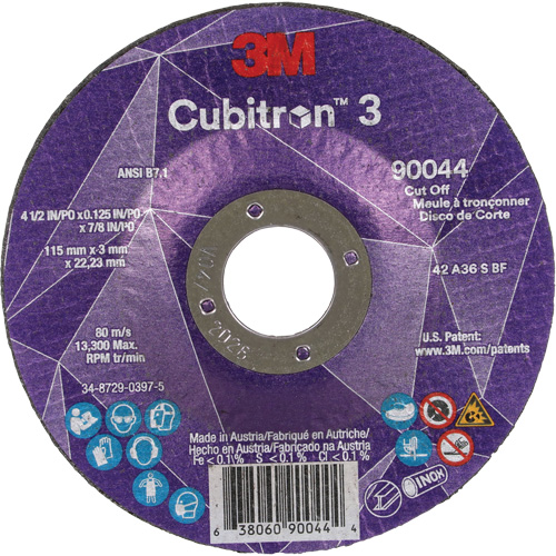 Meule &agrave; tronçonner Cubitron 3, 4-1/2" x 1/8", Arbre de 7/8", Type T27, C&eacute;ramique, 13 300 Tr/min Sécurité Médic