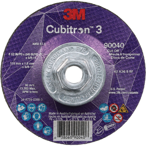 Meule &agrave; tronçonner Cubitron 3, 4-1/2" x 0,045", Arbre de 5/8"-11, Type T27, C&eacute;ramique, 13 300 Tr/min Sécurité Médic