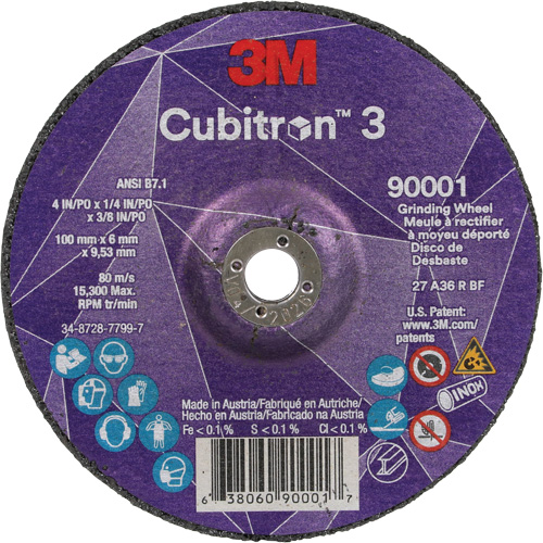 Meule a moyeu d&eacute;port&eacute; Cubitron 3, 4" x 1/4", Arbre 3/8", C&eacute;ramique, Type T27 Sécurité Médic