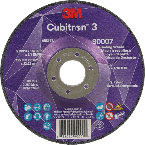 Meule a moyeu d&eacute;port&eacute; Cubitron 3, 5" x 1/4", Arbre 7/8", C&eacute;ramique, Type T27 Sécurité Médic