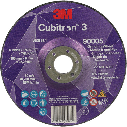 Cubitron 3 Depressed Centre Grinding Wheel, 6" x 1/4", 7/8" Arbor, Ceramic, Type T27 Sécurité Médic