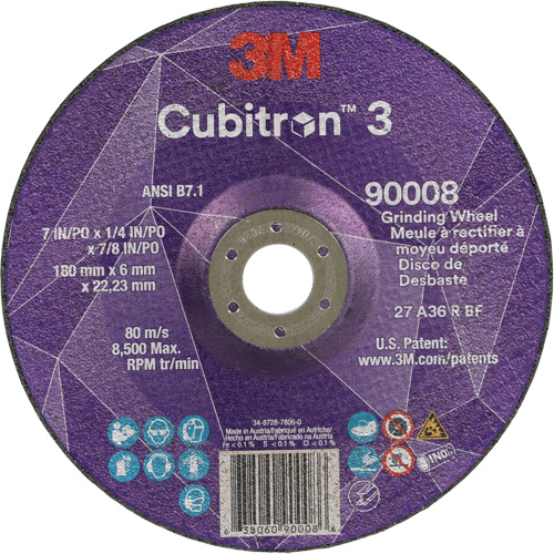 Meule a moyeu d&eacute;port&eacute; Cubitron 3, 7" x 1/4", Arbre 7/8", C&eacute;ramique, Type T27 Sécurité Médic