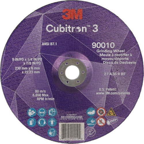 Meule a moyeu d&eacute;port&eacute; Cubitron 3, 9" x 1/4", Arbre 7/8", C&eacute;ramique, Type T27 Sécurité Médic