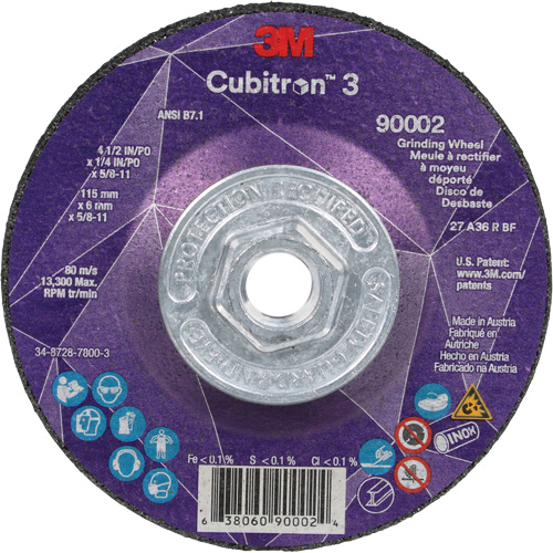 Meule a moyeu d&eacute;port&eacute; Cubitron 3, 4-1/2" x 1/4", Arbre 5/8"-11, C&eacute;ramique, Type T27 Sécurité Médic