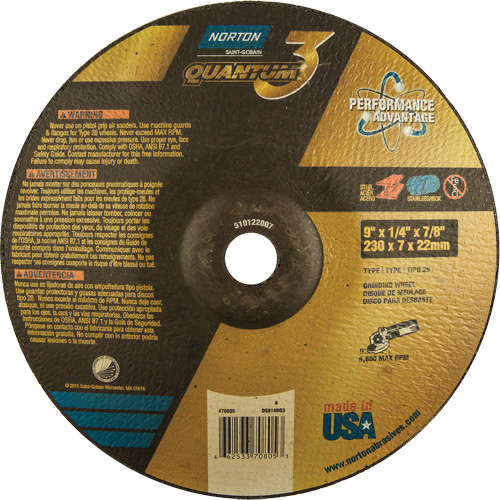 Quantum 3 SG Depressed Center Grinding Wheel, 9" x 1/4", 7/8" Arbor, Type 28, Ceramic, 6600 RPM Sécurité Médic