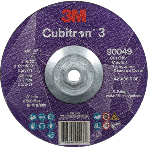 Cubitron 3 Cut-Off Wheel, 7" x 0.09", 5/8"-11 Arbor, Type T27, Ceramic, 8500 RPM Sécurité Médic