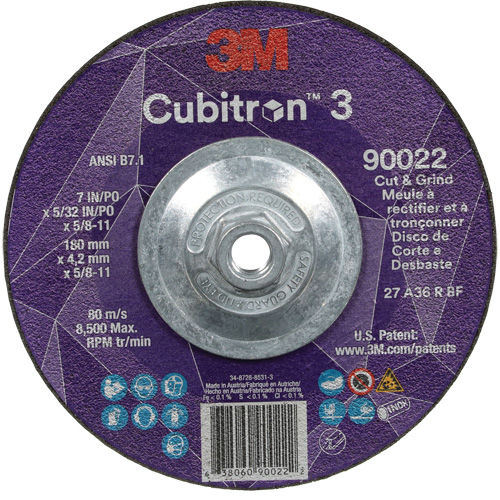 Cubitron 3 Cut and Grind Wheel, 7" x 5/32", 5/8"-11 Arbor, Type 27, 36 Grit, Ceramic Sécurité Médic