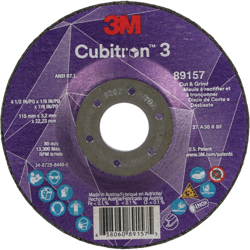 Meule &agrave; rectifier et &agrave; tronçonner Cubitron 3, 4-1/2" x 1/8", Arbre de 7/8", Type 27, Grain de 36, C&eacute;ramique Sécurité Médic