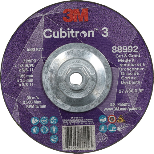 Meule &agrave; rectifier et &agrave; tronçonner Cubitron 3, 7" x 1/8", Arbre de 5/8"-11, Type 27, Grain de 36, C&eacute;ramique Sécurité Médic