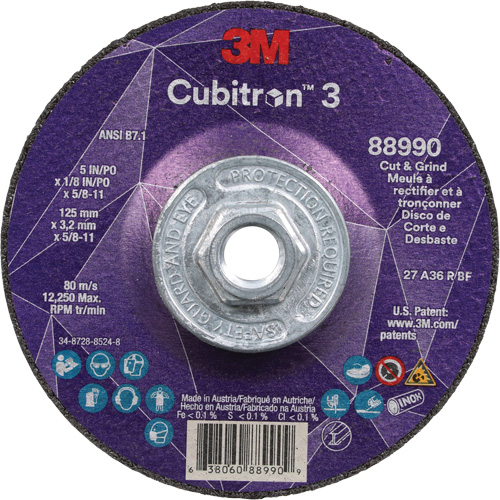 Cubitron 3 Cut and Grind Wheel, 5" x 1/8", 5/8"-11 Arbor, Type 27, 36 Grit, Ceramic Sécurité Médic