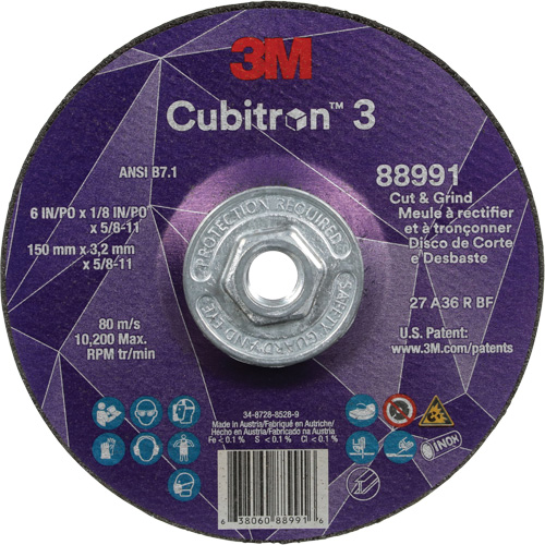 Cubitron 3 Cut and Grind Wheel, 6" x 1/8", 5/8"-11 Arbor, Type 27, 36 Grit, Ceramic Sécurité Médic