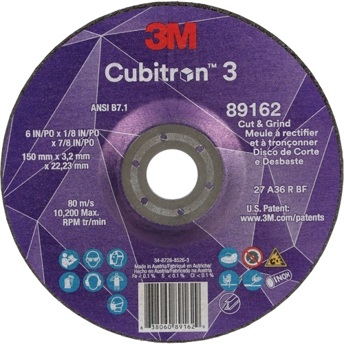 Meule &agrave; rectifier et &agrave; tronçonner Cubitron 3, 6" x 1/8", Arbre de 7/8", Type 27, Grain de 36, C&eacute;ramique Sécurité Médic