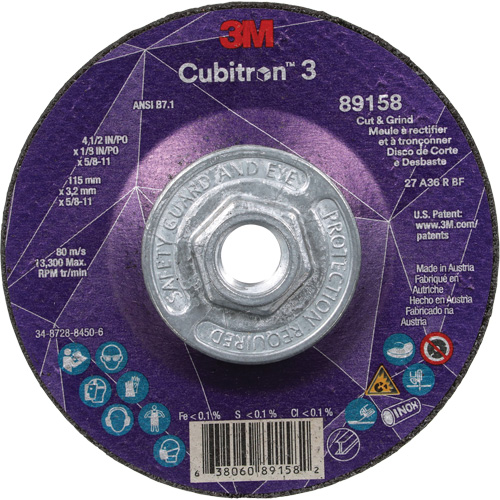 Cubitron 3 Cut and Grind Wheel, 4-1/2" x 1/8", 5/8"-11 Arbor, Type 27, 36 Grit, Ceramic Sécurité Médic