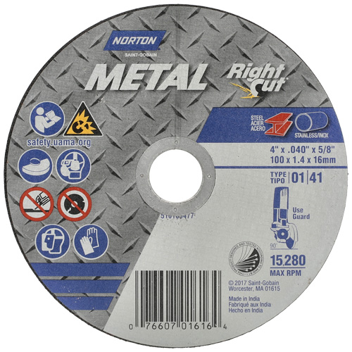Meule &agrave; tronçonner m&eacute;tallique pour coupe &agrave; angle droit RightCut, 4-1/2" x 0,04", Arbre de 7/8", Type 01/41, Oxyde d'aluminium, 13580 Tr/min Sécurité Médic