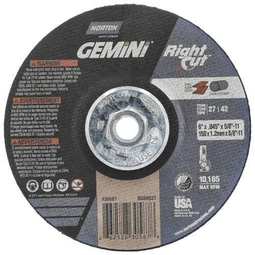 Meule &agrave; tronçonner pour coupe &agrave; angle droit RightCut Gemini, 6" x 0,045", Arbre de 5/8"-11, Type 27/42, Oxyde d'aluminium, 10185 Tr/min Sécurité Médic
