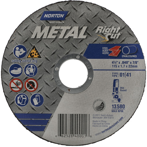 Meule &agrave; tronçonner m&eacute;tallique pour coupe &agrave; angle droit RightCut, 4-1/2" x 0,045", Arbre de 7/8", Type 01/41, Oxyde d'aluminium, 13580 Tr/min Sécurité Médic