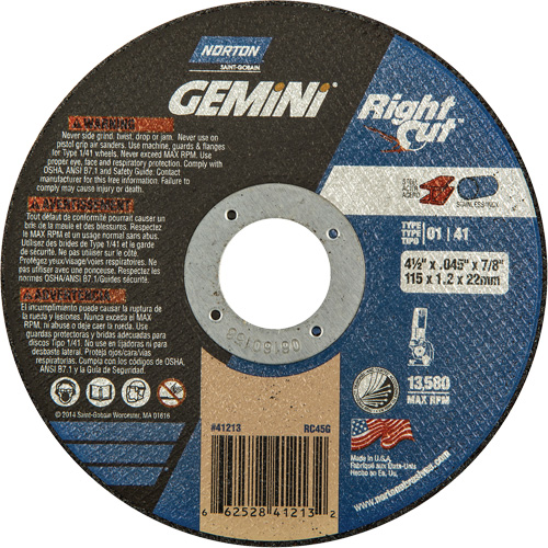 Meule &agrave; tronçonner pour coupe &agrave; angle droit RightCut Gemini, 4-1/2" x 0,045", Arbre de 7/8", Type 01/41, Oxyde d'aluminium, 13580 Tr/min Sécurité Médic